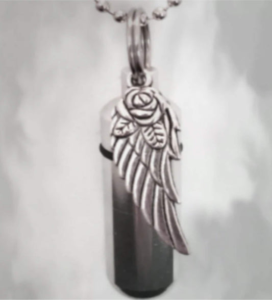 Rose Wing Cremation Urn Necklace, Memorial Ashes Keepsake, 24" Steel Chain