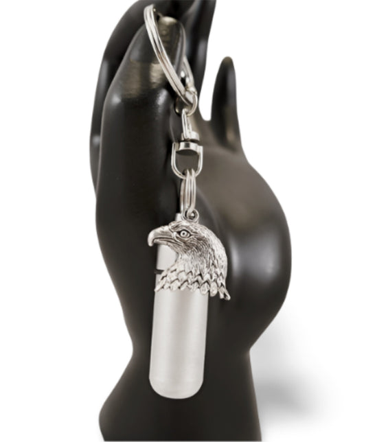 Brushed Silver Cremation Urn with BALD EAGLE Pendant on Stainless Steel Swivel Keyring - Memorial Jewelry,  Personalized Urn