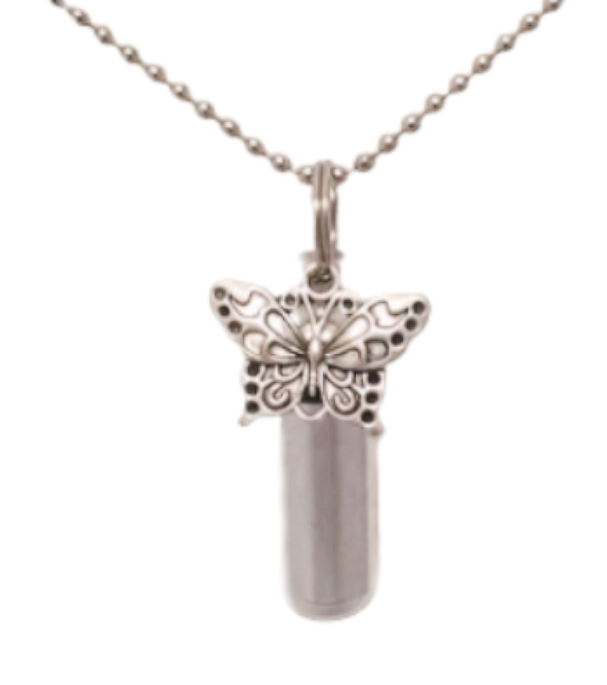 Butterfly Cremation Urn on 24" Ball Chain Necklace with Engraved Heart - Memorial Jewelry, Keepsake Urn,  Child Loss, Personalized Urn