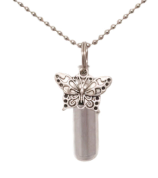 Butterfly Cremation Urn on 24" Ball Chain Necklace with Engraved Heart - Memorial Jewelry, Keepsake Urn,  Child Loss, Personalized Urn