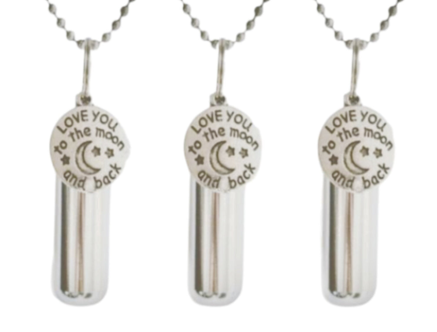 Set of THREE "I Love You To The Moon & Back" Cremation Urns on 24" Ball Chain Necklaces - Memorial Urn, Ashes Necklace, Pet Urn