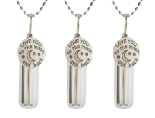 Set of THREE "I Love You To The Moon & Back" Cremation Urns on 24" Ball Chain Necklaces - Memorial Urn, Ashes Necklace, Pet Urn