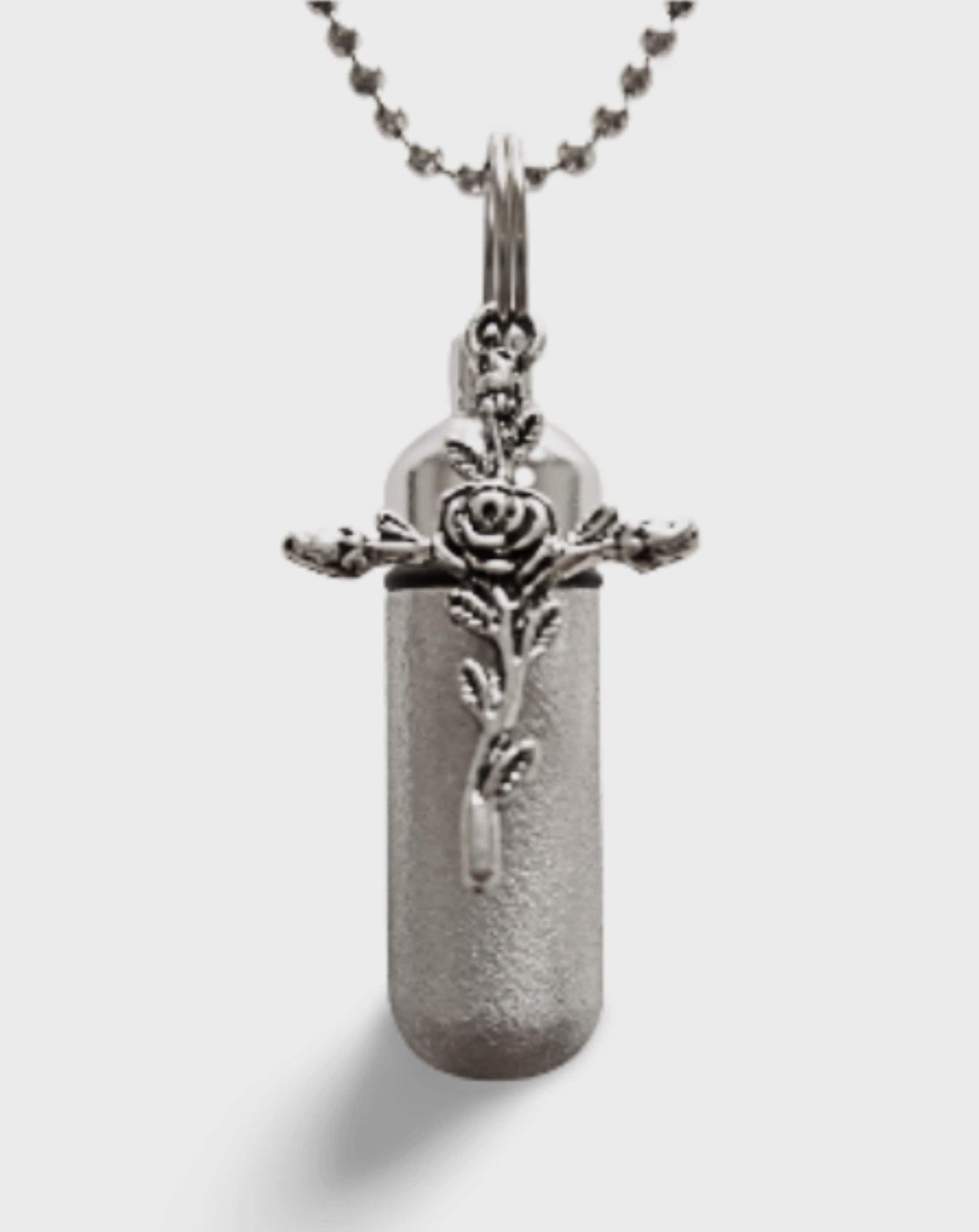 Beautiful Hand Brushed Silver Rose Cross Anointing Oil Holder - Includes Black Velvet Pouch, 24" Ball Chain Necklace, Baptism, Healing