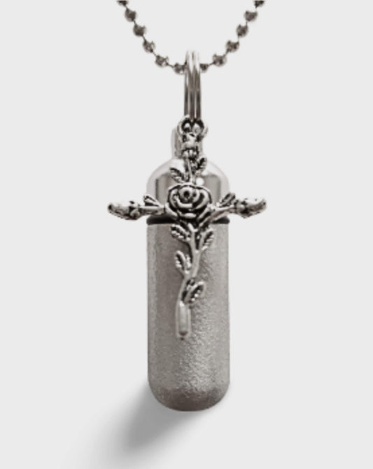Beautiful Hand Brushed Silver Rose Cross Anointing Oil Holder - Includes Black Velvet Pouch, 24" Ball Chain Necklace, Baptism, Healing