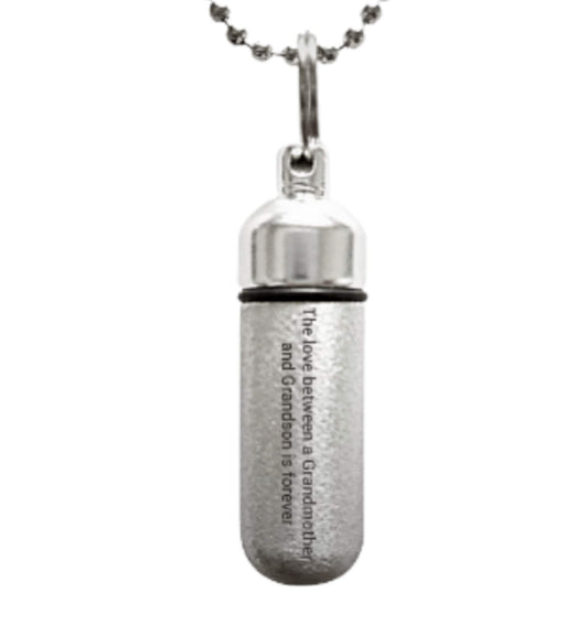Engraved  "The love between a Grandmother and Grandson is forever" Brushed Silver CREMATION URN Necklace