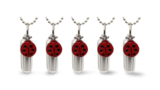 Set of 5 Large Red Ladybug Cremation Urns on 24" Steel Ball Chain Necklaces - Memorial Keepsake, Pet Urn, Ashes Jewelry, Personalized Urn