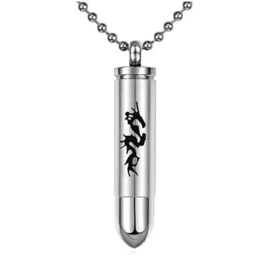 Stainless Steel Bullet Cremation Urn with Laser Engraved Dragon on 24" Ball Chain Necklace - Includes Velvet Gift Pouch | Memorial Keepsake