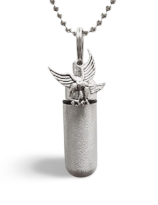 Hand-Brushed Silver 2-tone Soaring Eagle Cremation Urn Necklace with Engraved USA Flag. Memorial Keepsake, Ash Jewelry, Custom Engravable