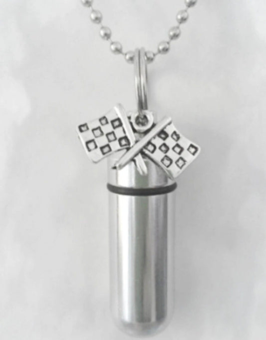 Cremation Urn & Vial on 24" Ball Chain Necklace with Racing Flags - Memorial Jewelry, Ashes Keepsake, Sympathy Gift, Urn Pendant For Men