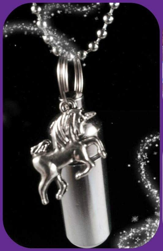 CREMATION URN on 24" Steel Ball-Chain Necklace with UNICORN - Mourning Jewelry, Ashes Keepsake, Child Urn, Loss of Loved One, Personalized