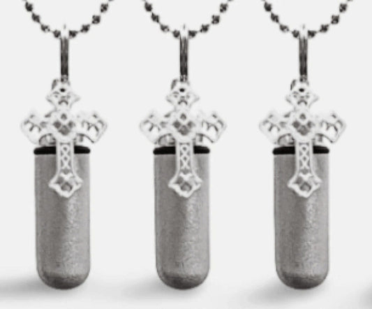 Set of THREE Brushed Silver Cross Anointing Oil Urn Necklaces - Healing, Baptism, Holy Water, Communion, Confirmation, Christmas Gift
