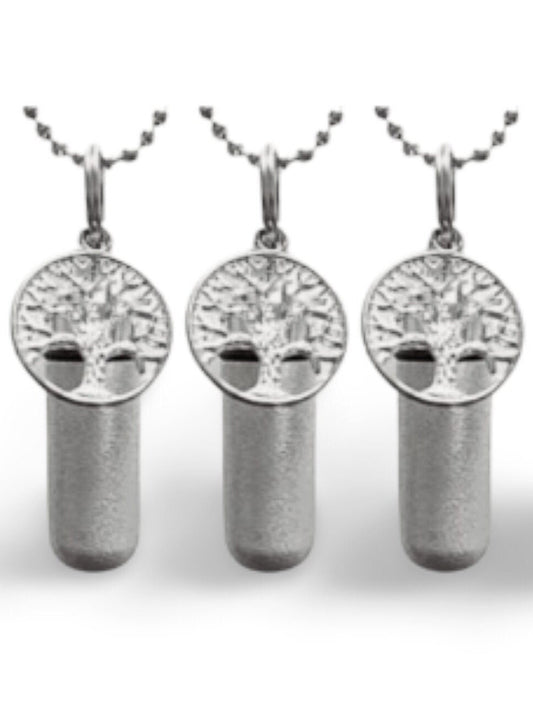 Set of THREE Brushed Silver Tree-Of-Life CREMATION URN Necklaces with Laser Engraved Hearts! Urn Necklace, Ashes Jewelry, Mourning Keepsake.