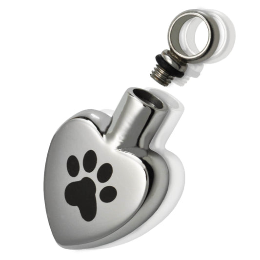 Stainless Steel Heart Cremation Urn with Laser Engraved PAW  on 24" Ball Chain Necklace - Pet Loss, Pet Memorial, Dog Paw, Pet Cremation