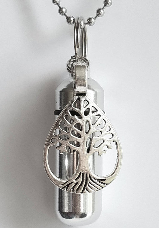 Personal CREMATION URN NECKLACE with Teardrop Tree Of Life - Includes Velvet Pouch, 24" Steel Ball Chain, Fill Kit