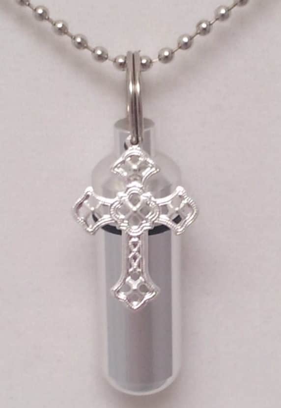 Silver Filigree Cross CREMATION URN Necklace on 24" Ball-Chain - Memorial Keepsake, Child Loss, Miscarriage gift, Baby Urn. Personalized Urn