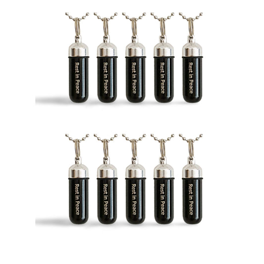 Black/Silver Set of TEN CREMATION URN Necklace Keepsakes - Engraved with "Rest In Peace"  - Cremation Jewelry, Urn Necklace, Ashes Keepsake
