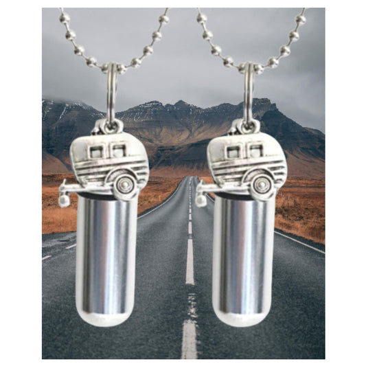 Set Of TWO Silver Camper/RV/Trailer Cremation Urn Necklaces with 24" Ball-Chains, Velvet Pouches and Fill Kit