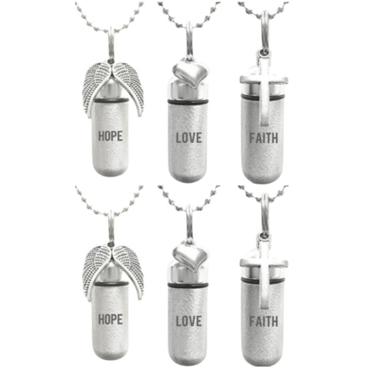 Set of SIX Laser Engraved Hope/Love/Faith Brushed Silver Cremation URNS - with Wings, Hearts, Crosses - Includes 24" Ball Chains & Pouches