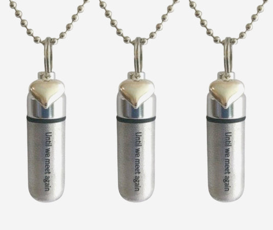 Set of 3 ENGRAVED Brushed Silver Cremation Urn Necklaces "Until we meet again" with Puffed Heart - with 3 Velvet Pouches, 3 Chains, Fill Kit