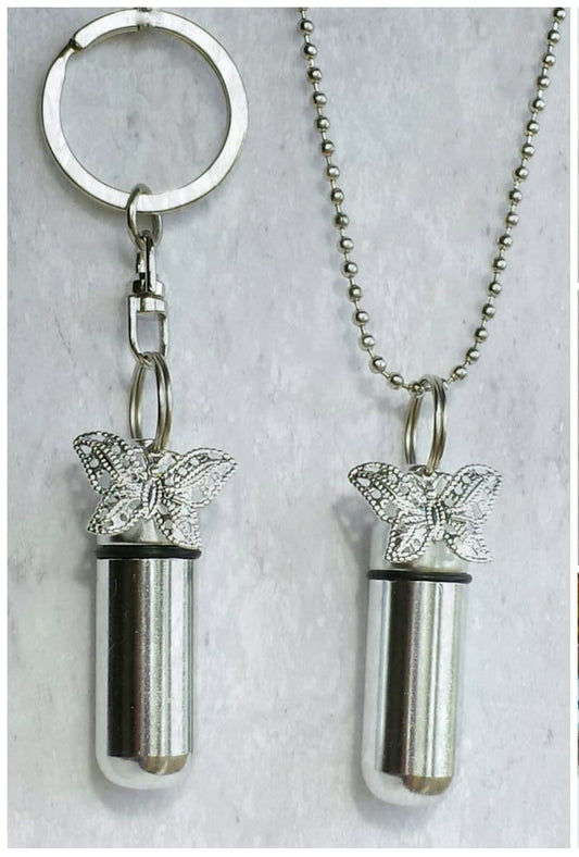 Lace Butterfly 2pc. Special Set - Cremation Urn Necklace & Keychain Urn with Velvet Pouches and Fill Kit