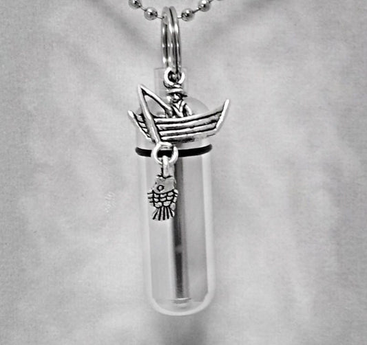 Set Silver Fisherman in Boat - Cremation Urn on 24" Necklace - Hand Assembled with Velvet Pouch and Fill Kit, Memorial Jewelry