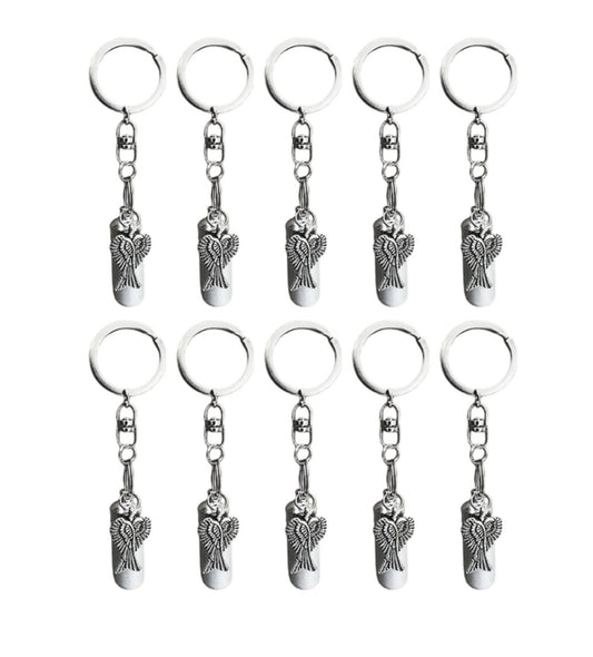 Set of TEN Brushed Silver Cremation Urn on Swivel Keychains with Angel Wings - Mourning Keepsake, Child Urn, Pet Urn, Personalized Urn