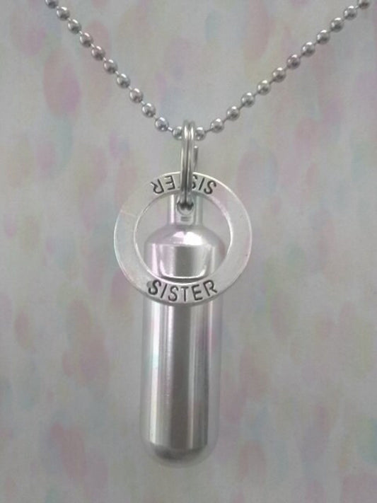 Sister Cremation Urn Necklace - Silver Memorial Jewelry, 24" Chain