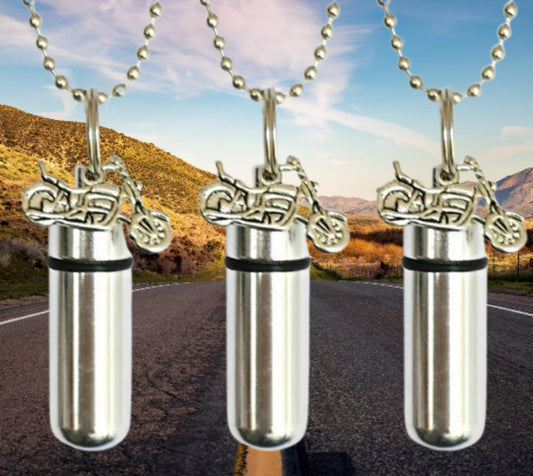 Set of Three Silver MOTORCYCLE CREMATION URN Necklaces with Laser Engraved American Flags - Urn Jewelry, Memorial Keepsake