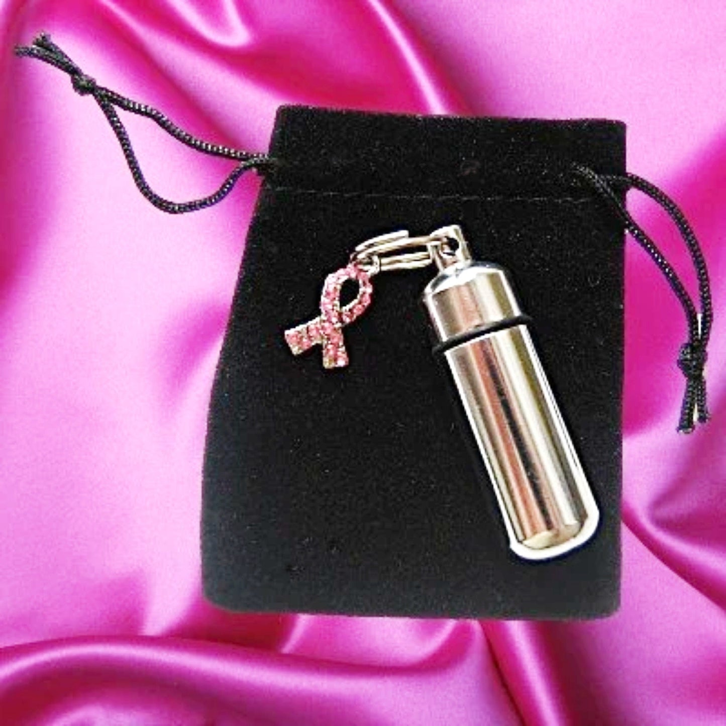 Cremation Urn with Jeweled Breast Cancer Awareness Charm, Keychain/Keepsake, w/Velvet Pouch & Fill Kit - Mourning Jewelry, Personalized Urn