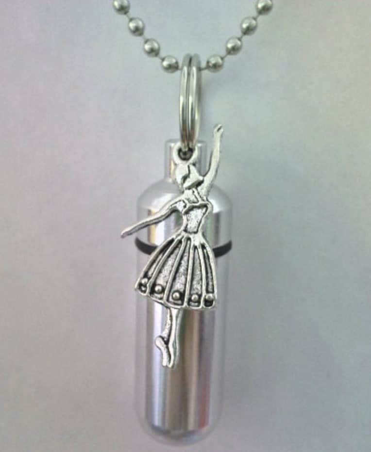 COMPLETE SET - Cremation Urn on 24" Necklace with BALLERINA - Hand Assembled....w/Velvet Pouch and Fill Kit