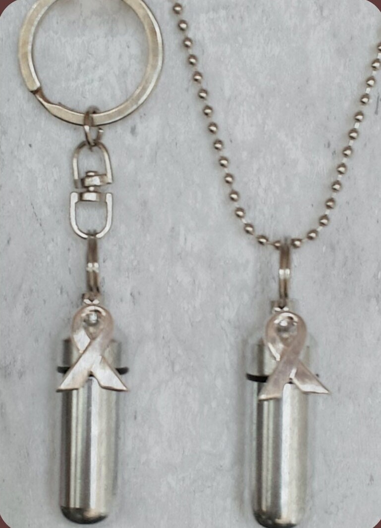 Cancer Awareness 2pc. Special Set, Cremation Urn Necklace & Swivel Keychain Urn with Velvet Pouches and Fill Kit. Loss of Loved One