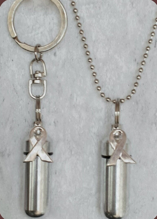 Cancer Awareness 2pc. Special Set, Cremation Urn Necklace & Swivel Keychain Urn with Velvet Pouches and Fill Kit. Loss of Loved One