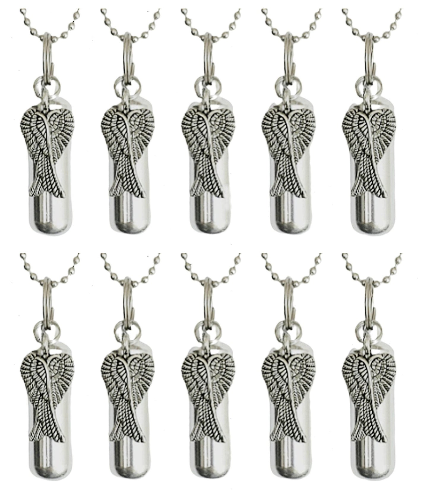 Set of Ten CREMATION URN NECKLACES, Polished Silver with Angel Wings - Ashes Necklace, Urn Jewelry, Memorial Jewelry, Urn for Human Ashes