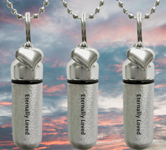 Set of 3 ENGRAVED Brushed Silver CREMATION URN Necklaces "Eternally Loved" with Heart charm - Includes 3 Velvet Pouches, 3 chains & Fill-Kit