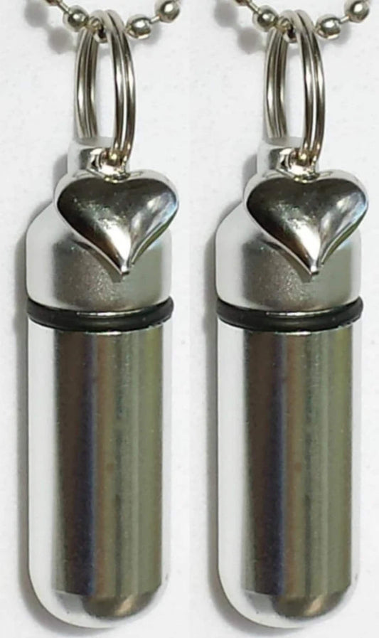 TWO Silver Heart Anointing Oil Holders with Velvet Pouches, 24" Ball Chains - Baptism, Communion, Healing, Prayers
