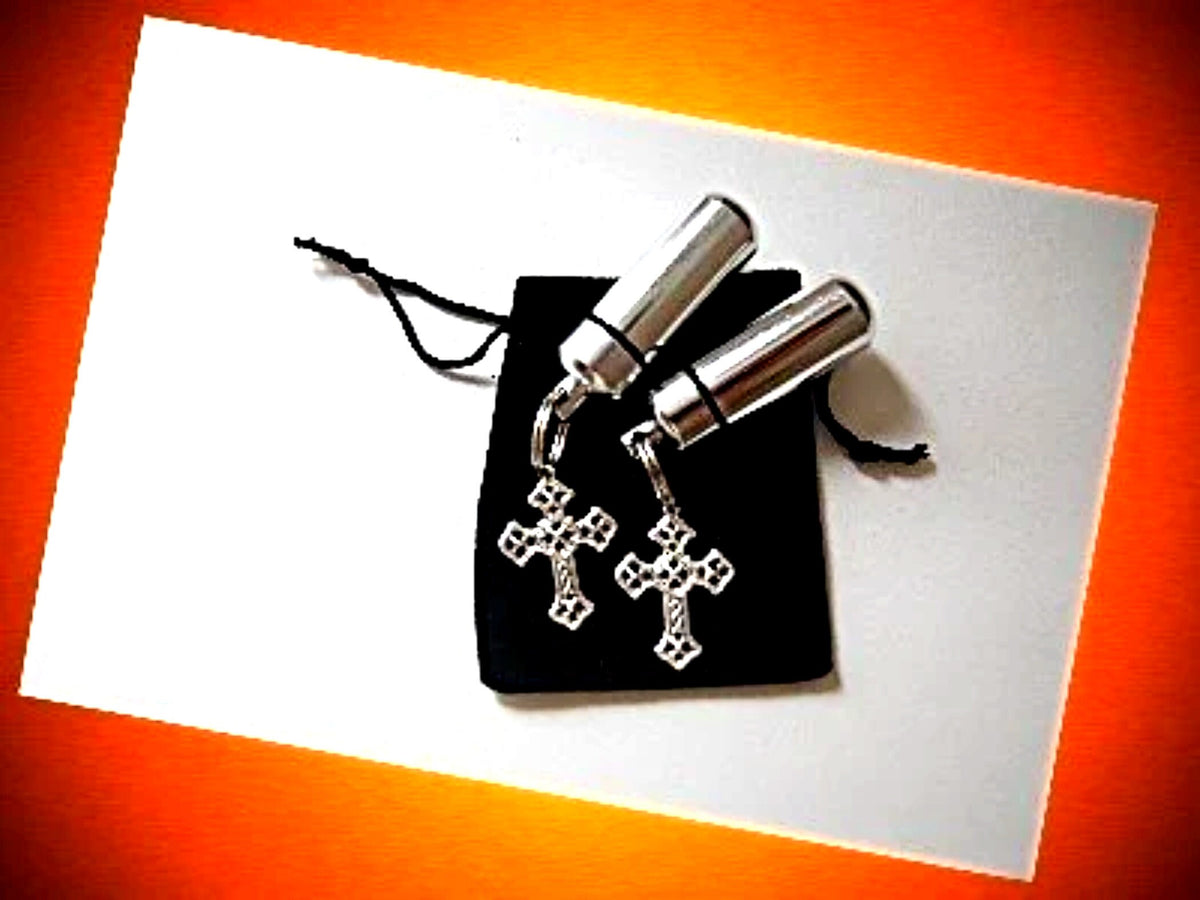 TWO Silver Cremation Urns with Filigree Cross  - Keychain/Pendant - Includes Fill Kit and Velvet Pouches. Loss of Child, Miscarriage Gift