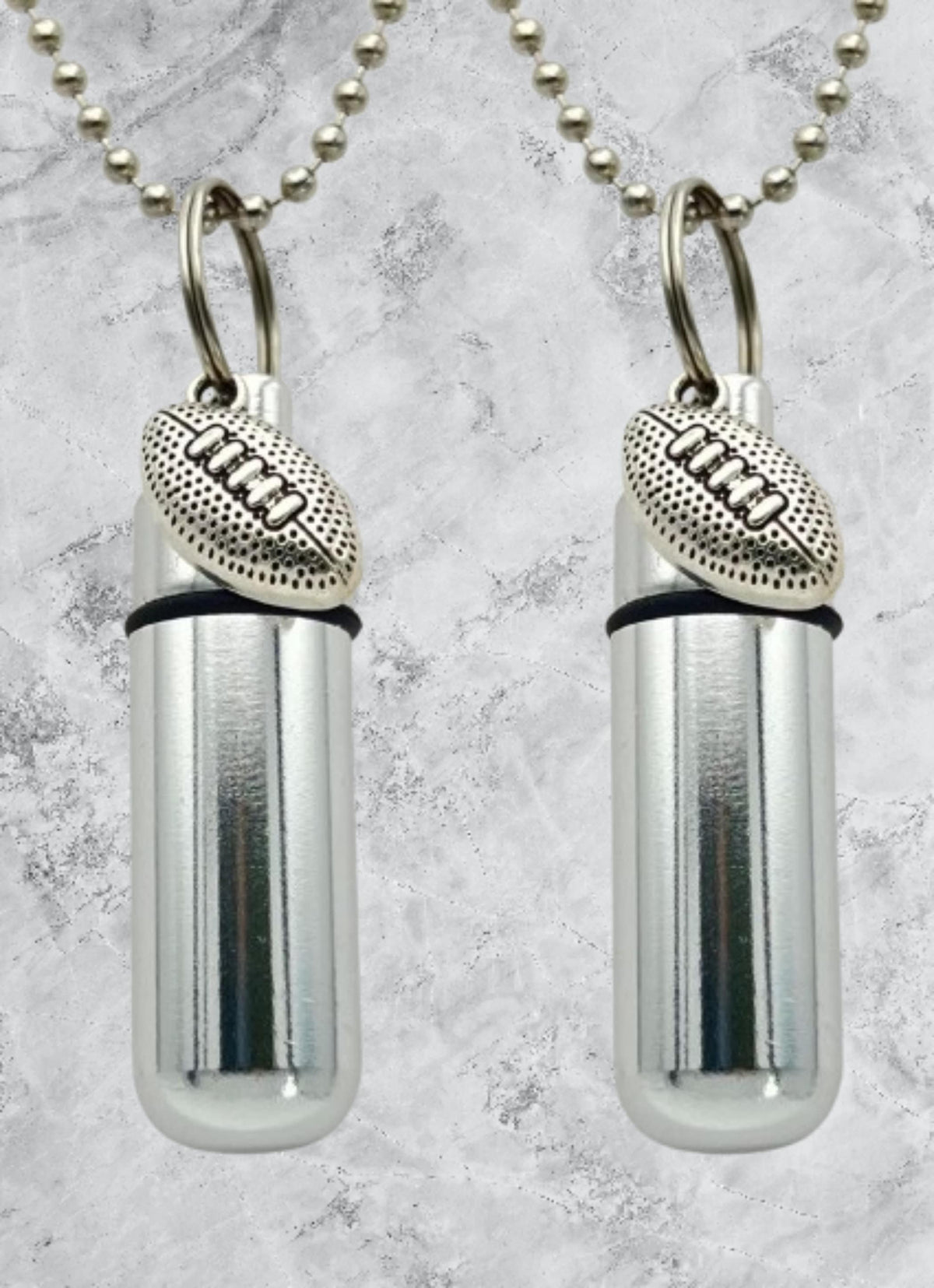 TWO Football Cremation Urn Necklaces – Stainless Steel Memorial Jewelry