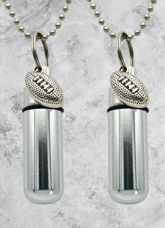 TWO Football Cremation Urn Necklaces – Stainless Steel Memorial Jewelry