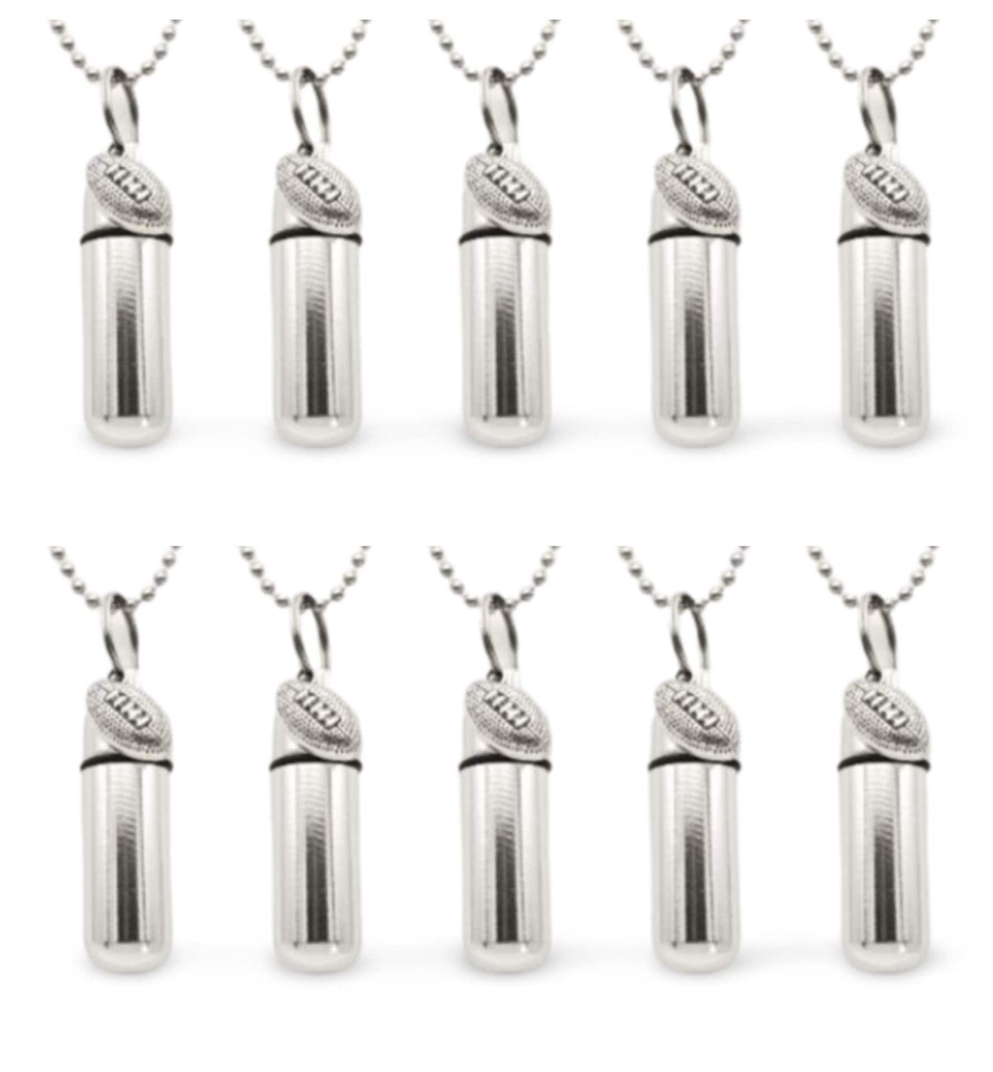 Set of TEN Football CREMATION URNS on 24" Steel Ball-Chain Necklaces Memorial Jewelry, Urn Pendant, Urn For Human Ashes, Personalized Urn