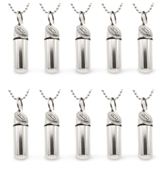 Set of TEN Football CREMATION URNS on 24" Steel Ball-Chain Necklaces Memorial Jewelry, Urn Pendant, Urn For Human Ashes, Personalized Urn