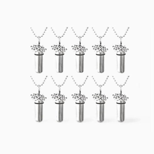 Ten PERSONALIZED Brushed Silver Racing Flag CREMATION URNS on 24" Steel Ball Chain Necklaces - Remembrance Jewelry, Urn Necklace, Memorial