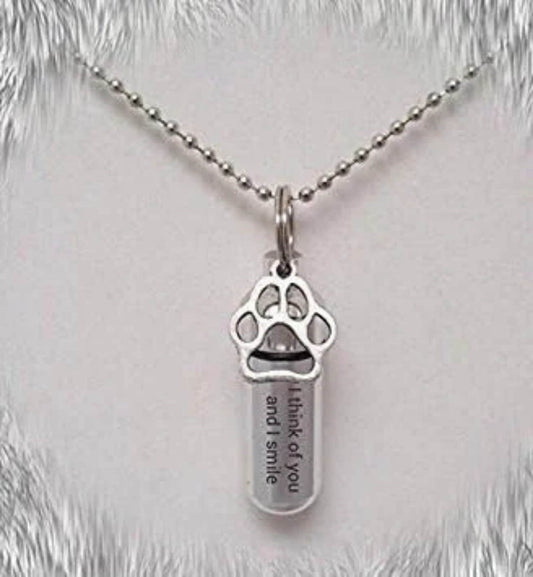 Lovely Brushed Silver, PET CREMATION URN - Laser Engraved  "I think of you and I smile" Includes 24" Steel Necklace, Velvet Pouch & Fill Kit