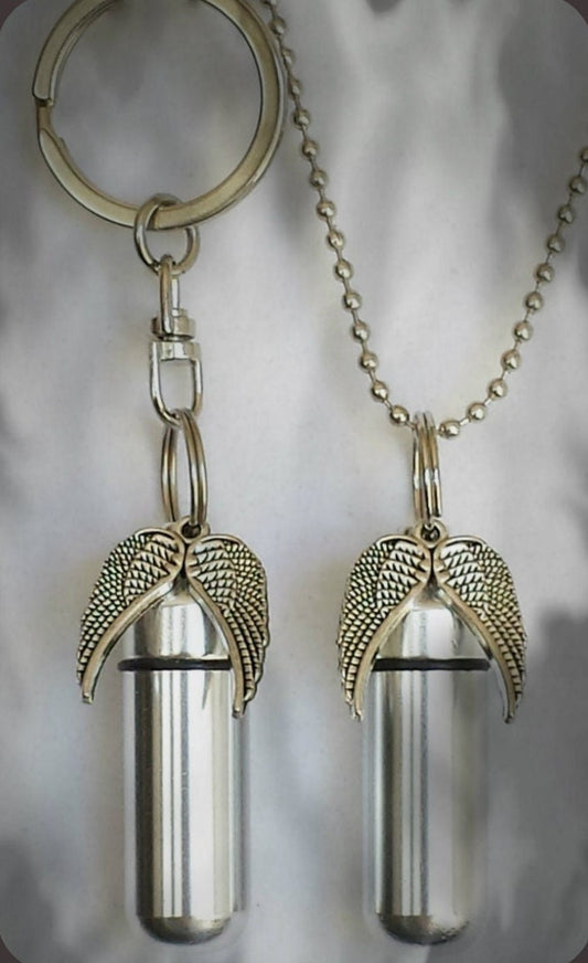 Spread Angel Wings  2pc. Special Set - Cremation Urn Necklace & Keychain Urn and Velvet Pouches - Memorial Jewelry, Urn Keepsake