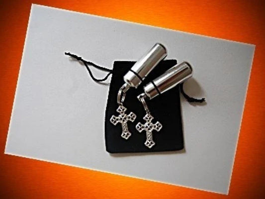 Set of TWO Classic Silver CREMATION URN Necklaces with Silver Lace Crosses - Includes Velvet Pouches and Fill Kit
