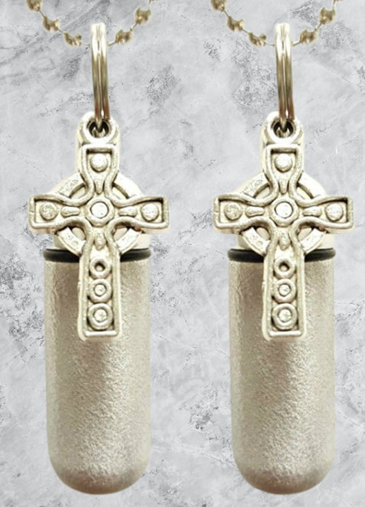 Set of TWO Brushed Silver Anointing Oil Holders with Celtic Crosses - Includes 2 Velvet Pouches, 2 Ball Chains
