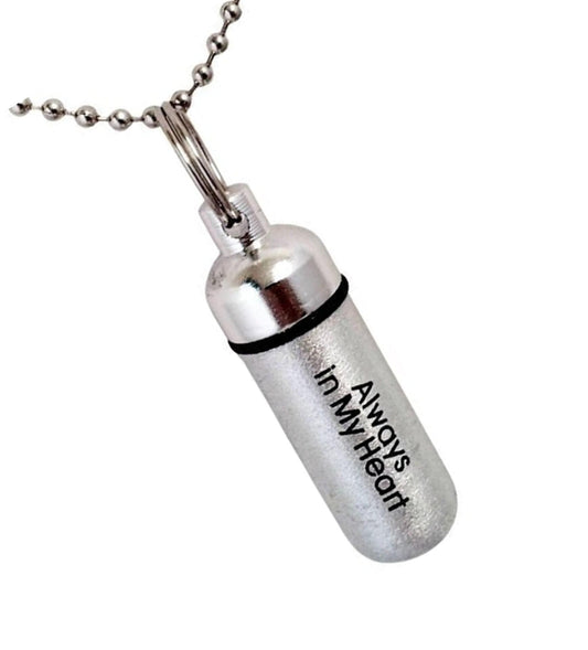 Engraved "Always In My Heart"  Cremation Urn Necklace, Hand Assembled, with Velvet Pouch and Fill Kit. Child Loss, Loss of Loved One