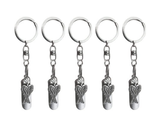 Set of FIVE Brushed Silver Cremation Urn on Swivel Keychains with Angel Wings - Mourning Keepsake, Child Urn, Pet Urn, Personalized Urn