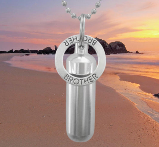 Silver CREMATION URN with BROTHER Pendant on 24" Ball-Chain Necklace - Includes Velvet Pouch and Fill Kit