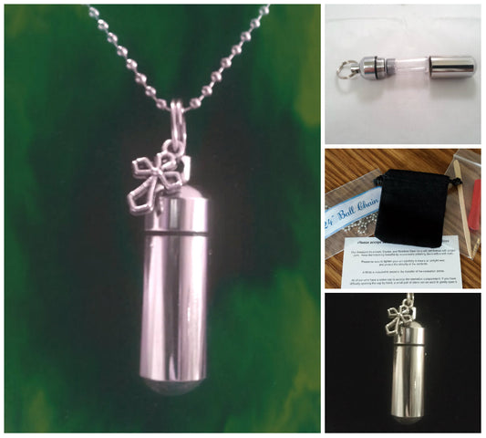 Lovely CREMATION URN on 24" Necklace with Antique Cross, Velvet Pouch & Fill Kit - Memorial Keepsake, Loss Of Loved One, Child Loss