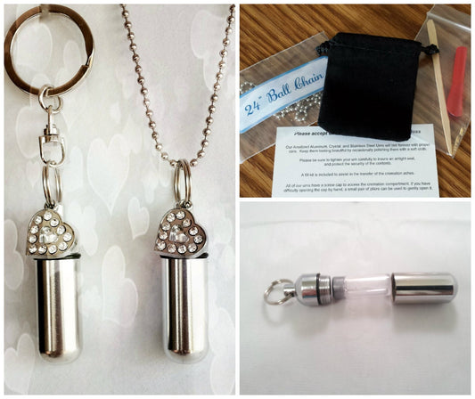 Set of TWO Jeweled Heart Cremation Urn – Necklace & Keychain